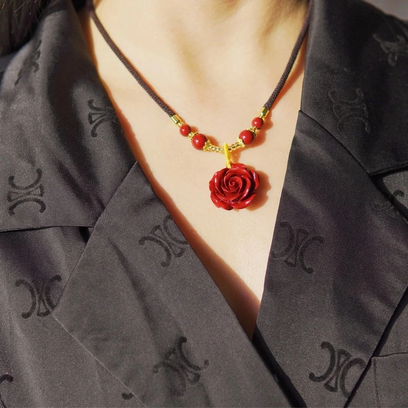 含辰砂工艺品【普陀山】一路生花玫瑰花原矿砂辰砂项链毛衣链 赠