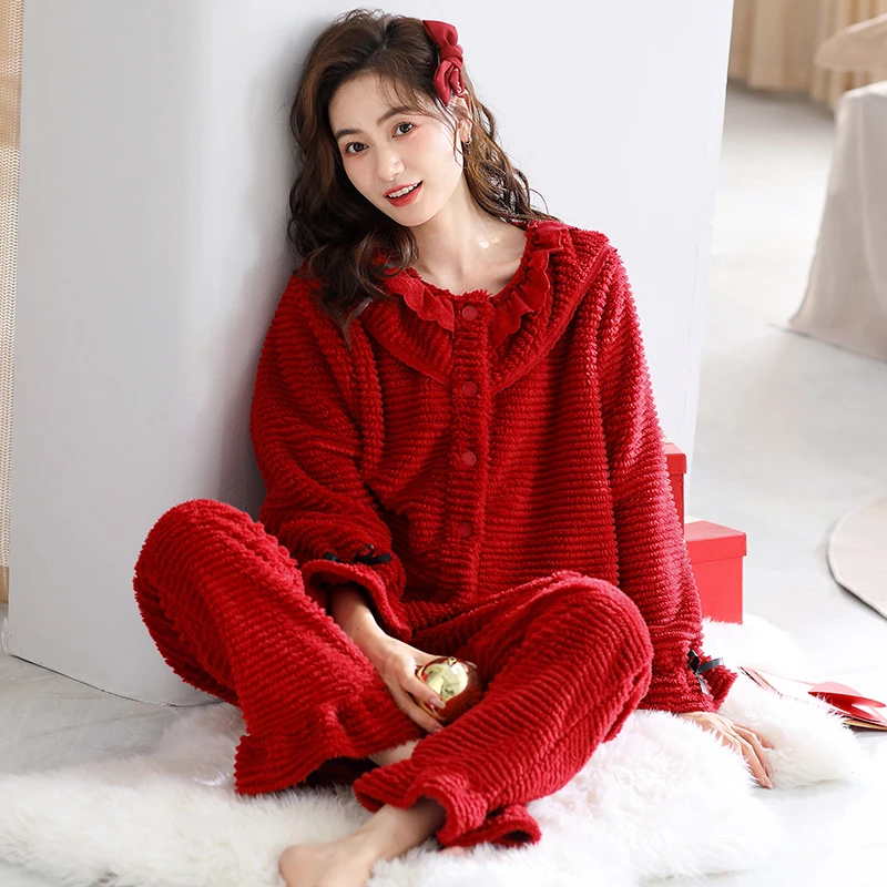 红色本命年睡衣女款2023新款秋冬季加绒加厚珊瑚绒套装保暖家居服