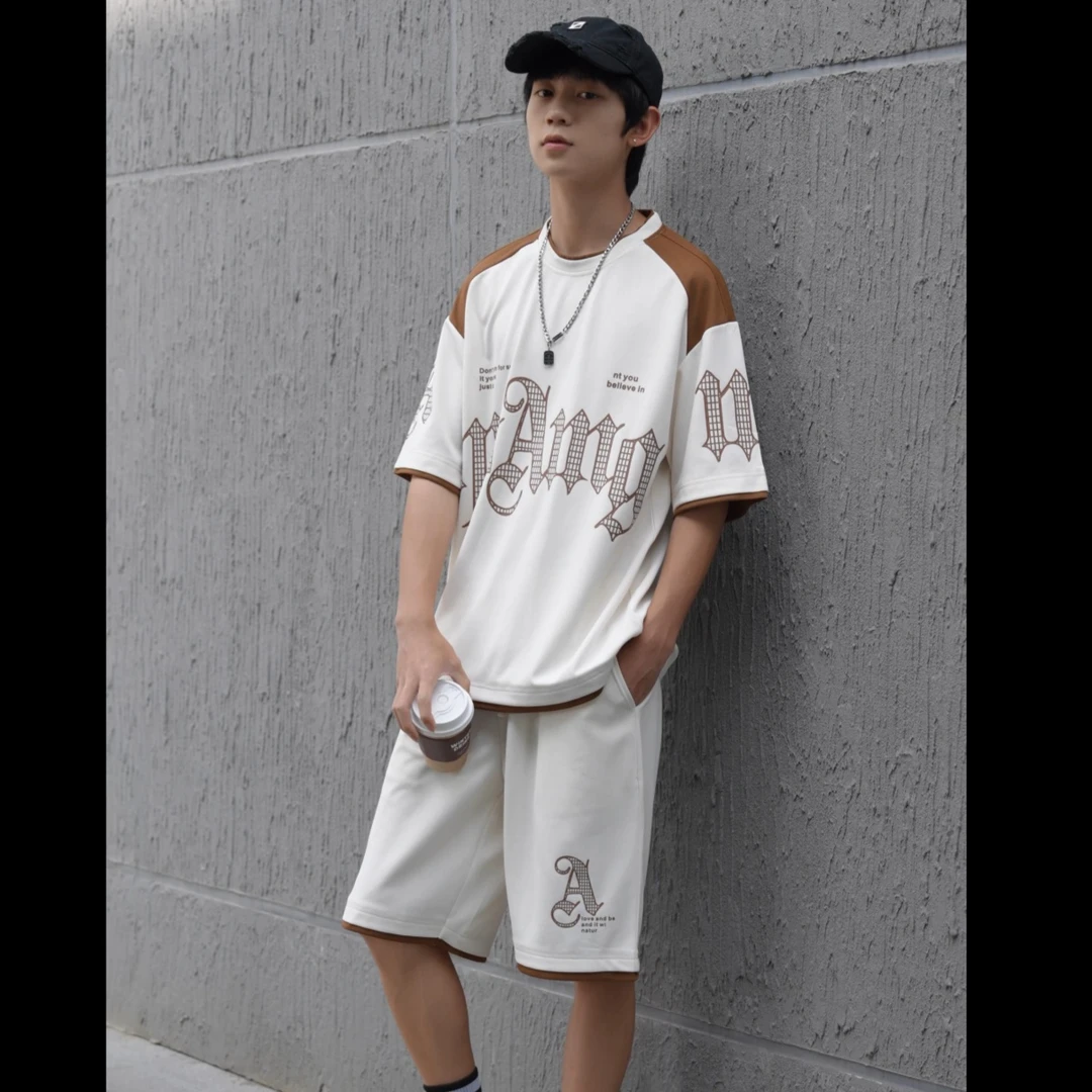 2024新款夏季青少年短袖T恤韩版休闲时尚百搭套装宽松男潮流帅气