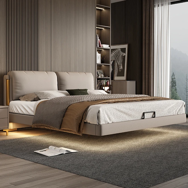 高级轻奢加厚头层牛皮床悬浮床主卧室双人床真皮床高端软包床#816