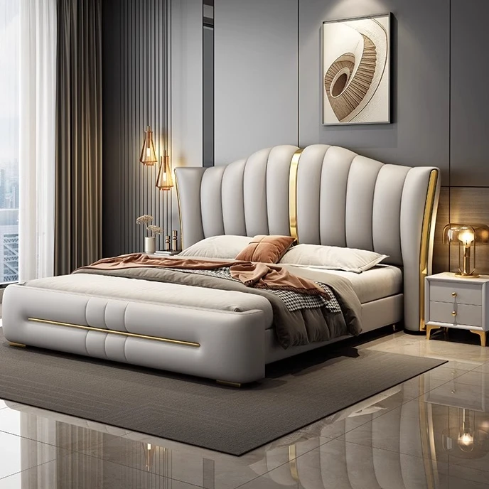 新款意式轻奢高端头层牛皮软体床现代极简主卧室婚床双人床#8806
