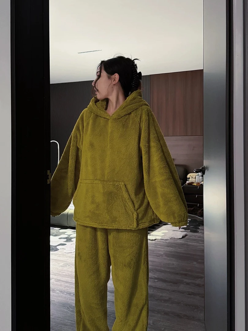 doubleoo珊瑚绒连帽女秋冬大码加厚加绒家居服女士法兰绒睡衣套装