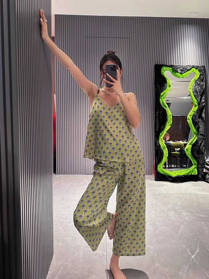 doubleoo复古绿碎花奢华气质冰丝贡缎吊带长裤套装睡衣女韩国家居