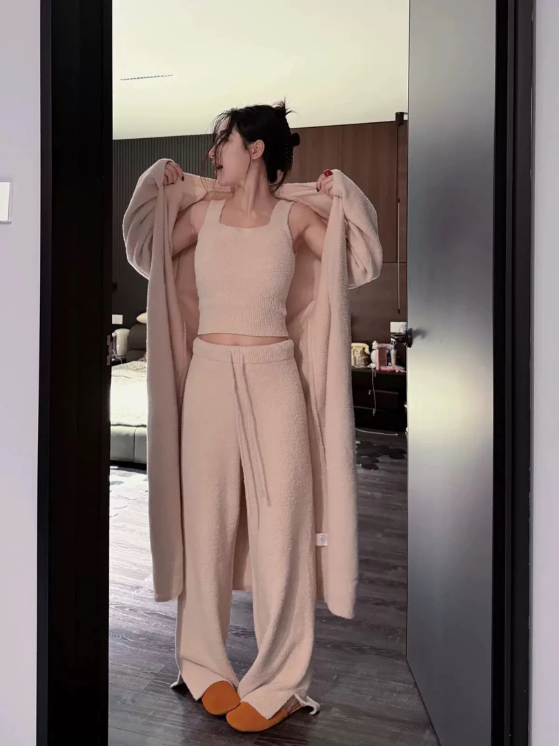 double oo半边绒睡衣秋冬长款纯色可外穿防静电家居服睡袍三件套