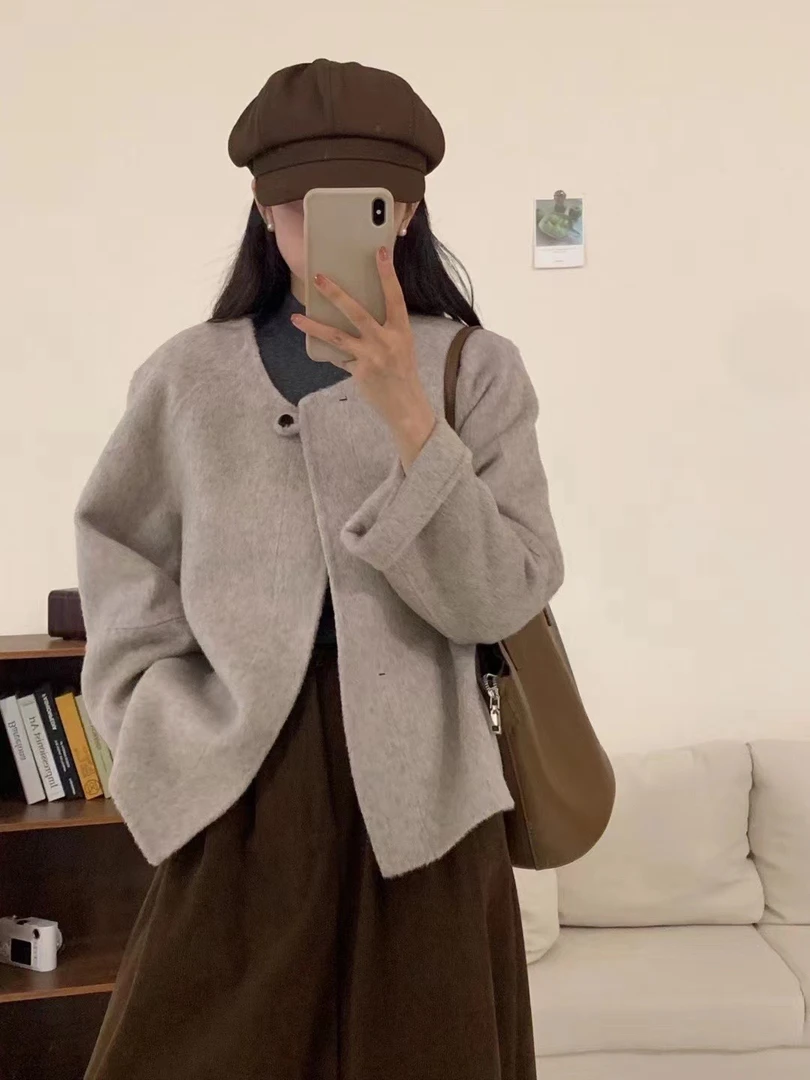 【年末清】纯色圆领小香风外套双面呢2024年秋冬短款宽松绵羊毛女款