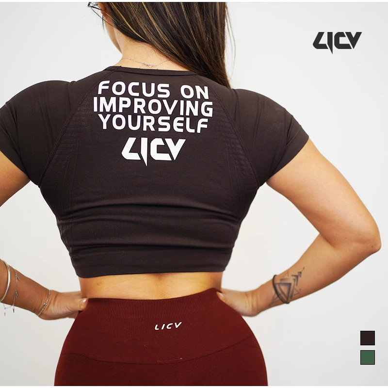 LICV原创设计focus立体标防滑女款健身上衣高腰短袖运动瑜伽服T恤
