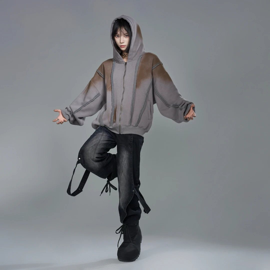 重中之重-美式废土风做旧加绒连帽开衫百搭卫衣外套男女情侣款