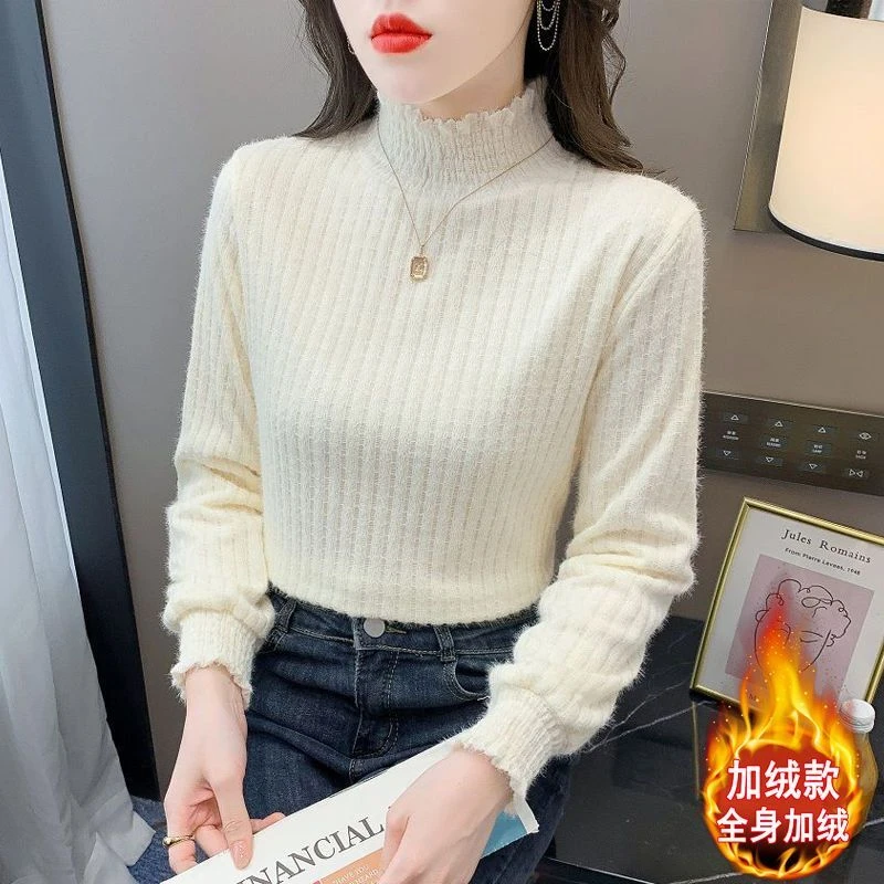 秋冬新款加绒磨毛内搭半高领蕾丝打底衫女时尚洋气长袖小衫女