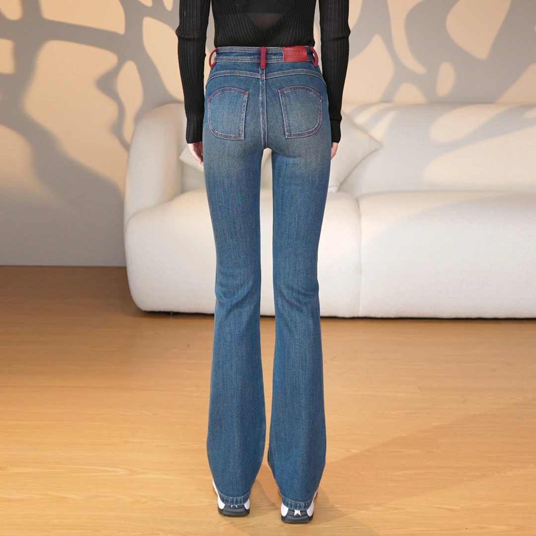 2024秋冬新款撞色四面弹中高腰显瘦休闲百搭牛仔裤微喇裤喇叭裤女