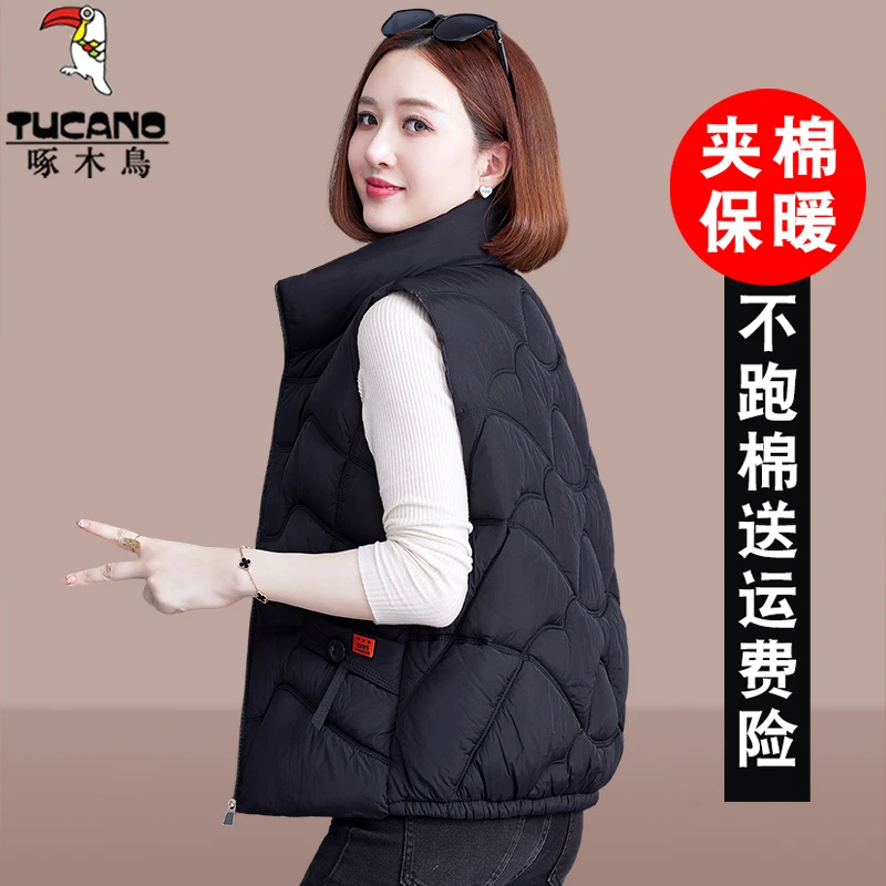 啄木鸟黑色棉马甲女秋冬季2025新款潮设计感小众网红短款马夹外套