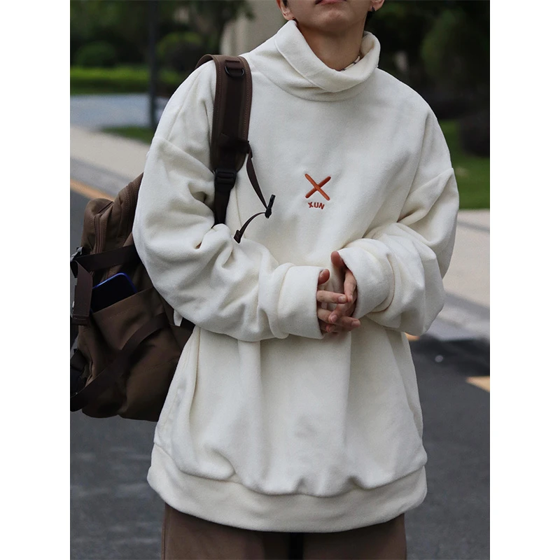 刺绣半高领加绒卫衣男女秋冬加厚2023新款潮牌重磅大码青少年外套