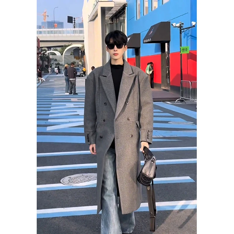 戗驳领灰色毛呢大衣男秋冬新款双排扣中长款韩版过膝加厚呢子外套