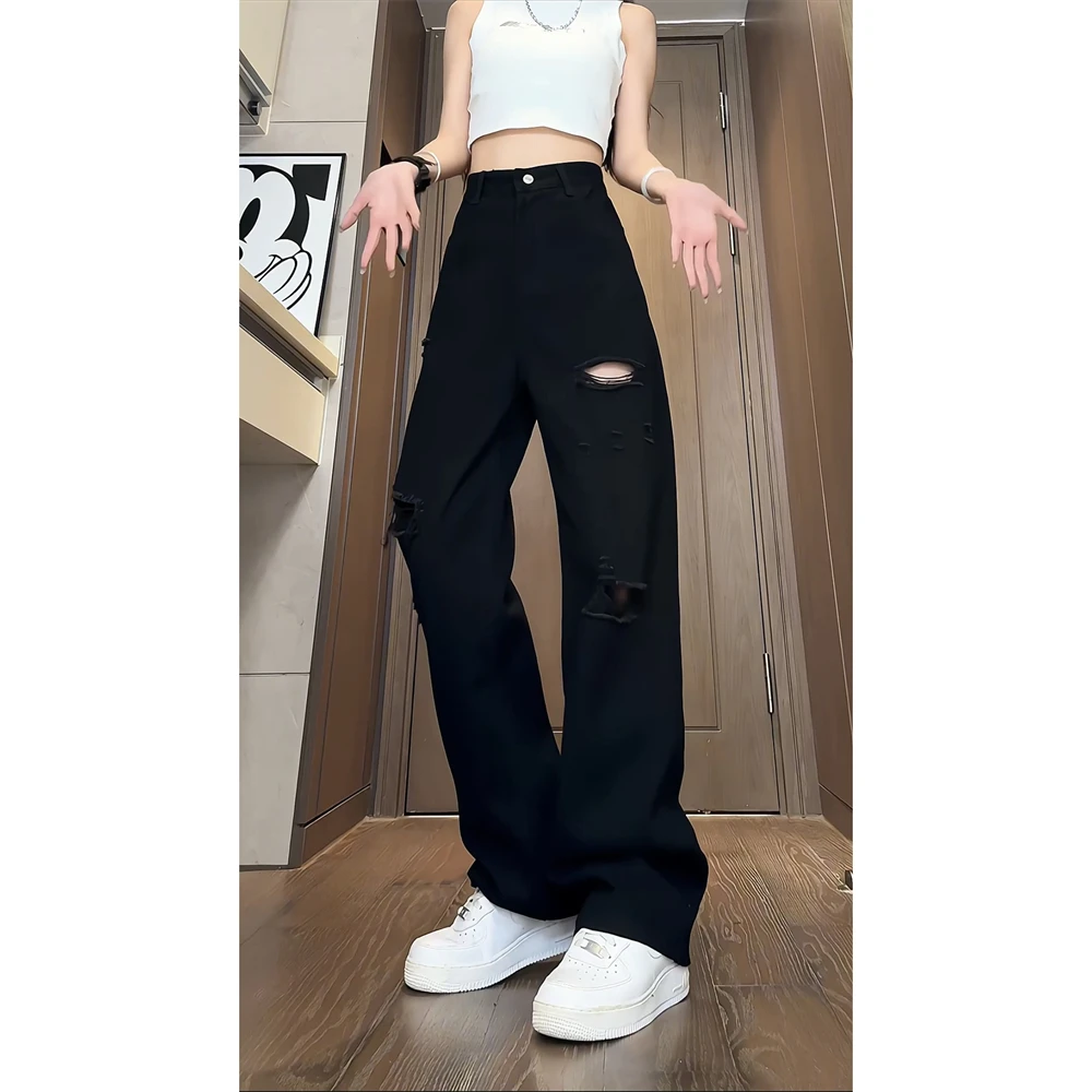 男女同款水洗破洞牛仔裤春夏美式复古潮牌痞帅小众宽松阔腿直筒裤