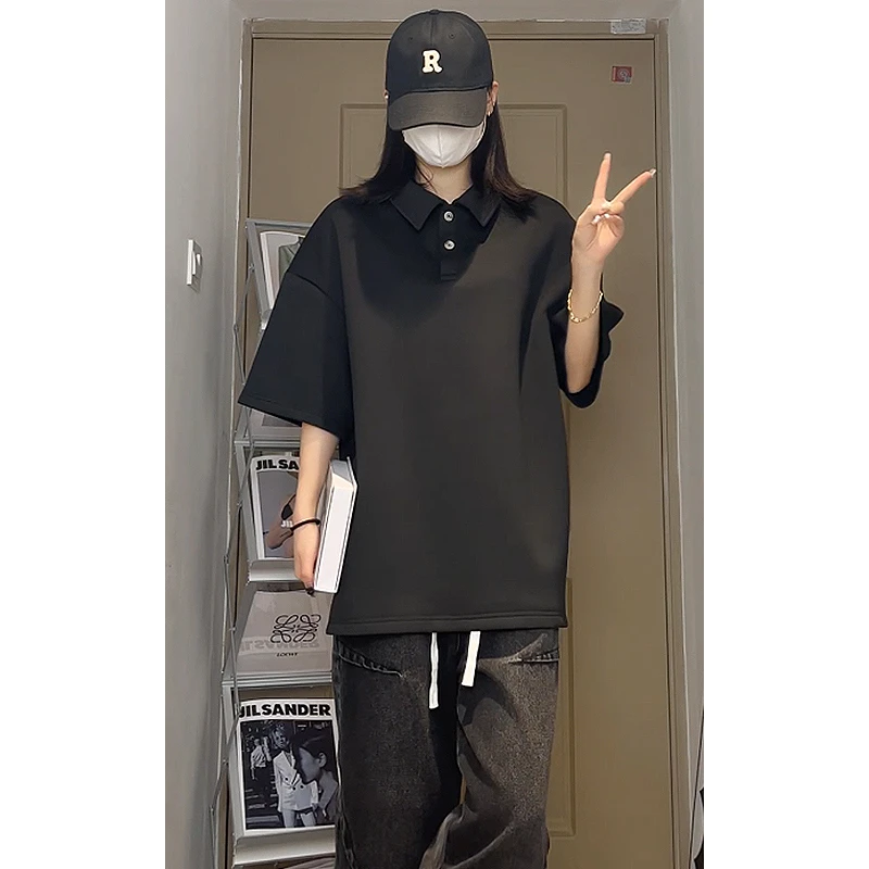 美式复古黑色短袖Polo衫男士夏季ins潮流宽松休闲百搭翻领半袖t恤