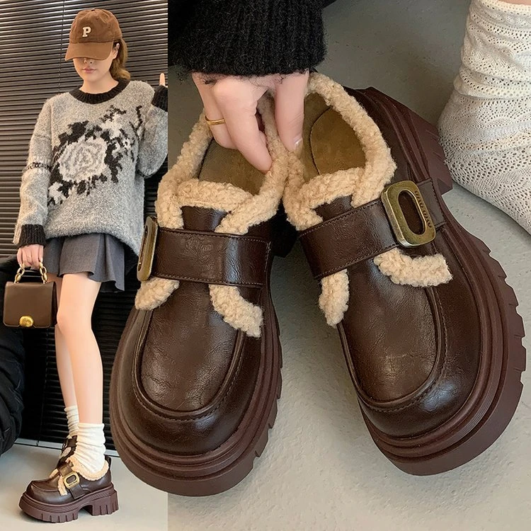 黑色小皮鞋女2024冬季新款百搭复古英伦风增高粗跟加绒保暖乐福鞋