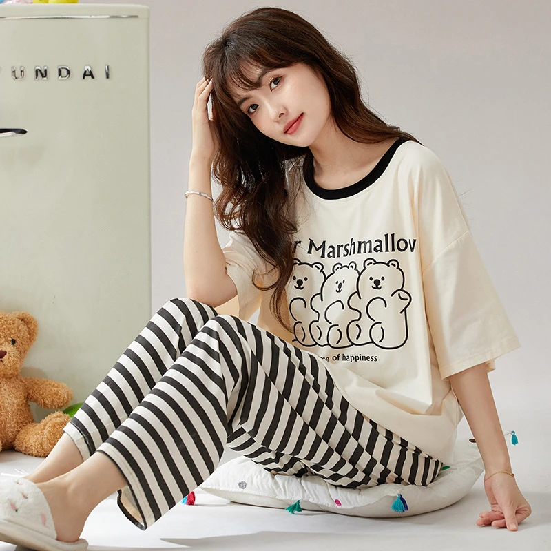 女款夏季短袖长裤睡衣休闲女士薄款家居服套装241004【带胸垫】