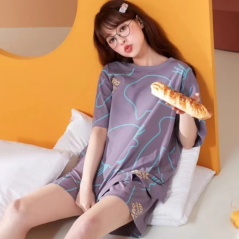 夏季短袖短裤睡衣女家居服套装香芋紫25099