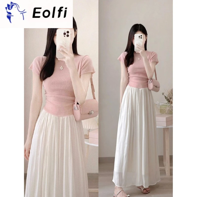 奥拉陌粉色不规则正肩短袖恤女夏季薄款冰丝针织衫紧身修身小飞