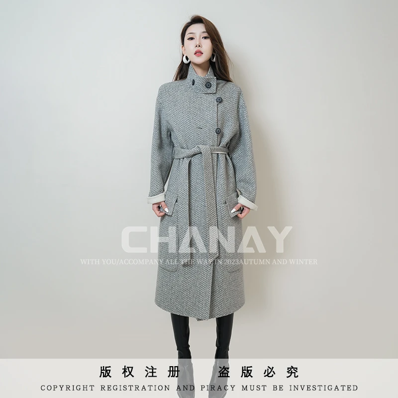 xiangnairiji/香奈日记 马赛克秋冬高级定织花纱双面双色立领大衣
