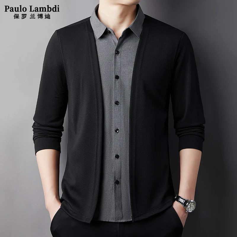 【总裁定制】保罗秋季假两件长袖t恤男士衬衫领商务休闲开衫男装T恤