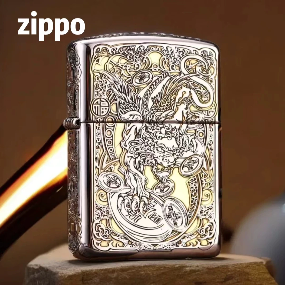 ZIPPO/之宝打火机正版金冰双色镀铬盔甲五面深雕貔貅   XBL-DYJ1