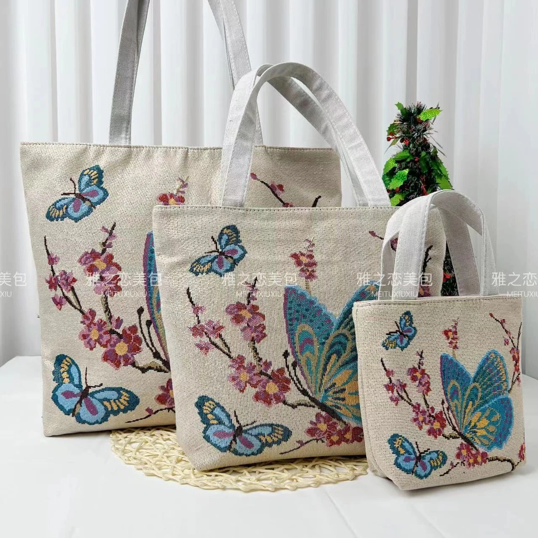 梅花蝴蝶金丝线款单肩手提包时尚休闲百搭双面卡通绣花美包肩包