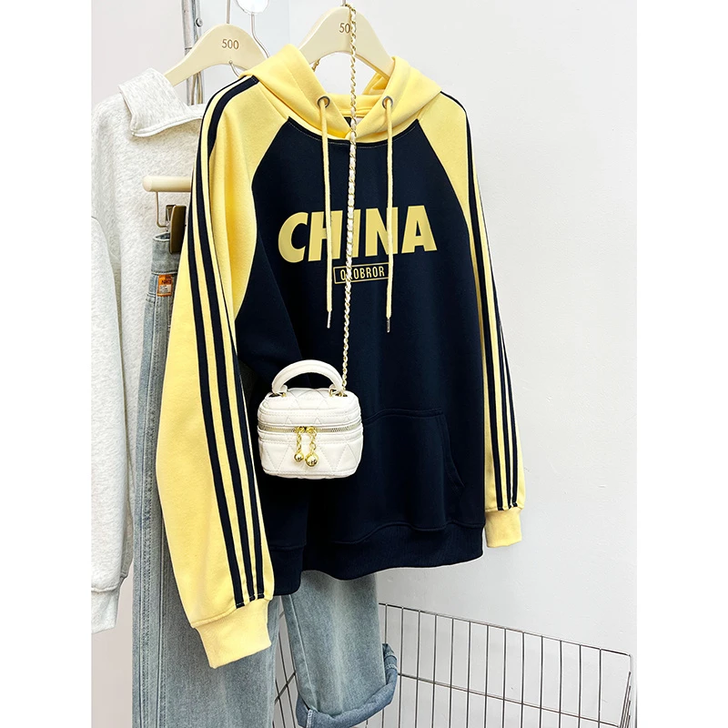 美式复古插肩袖套头连帽卫衣女春秋薄款宽松oversize长袖上衣