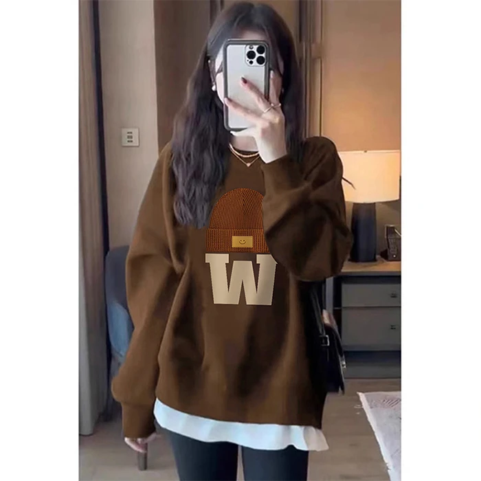 秋冬新款加绒加厚圆领卫衣女大码宽松休闲百搭小个子穿搭无帽上衣