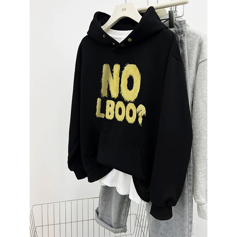 韩版时尚字母印花纽扣连帽卫衣女秋冬季新款外套voersize宽松上衣