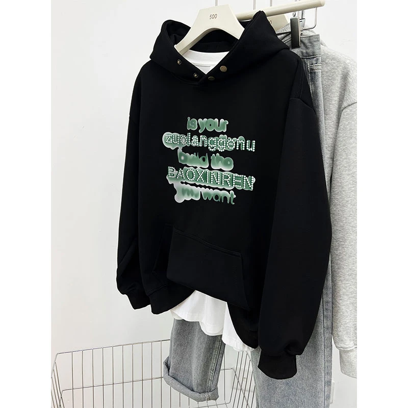 潮牌美式连帽卫衣女秋冬2024年新款宽松时尚字母印花加绒加厚外套