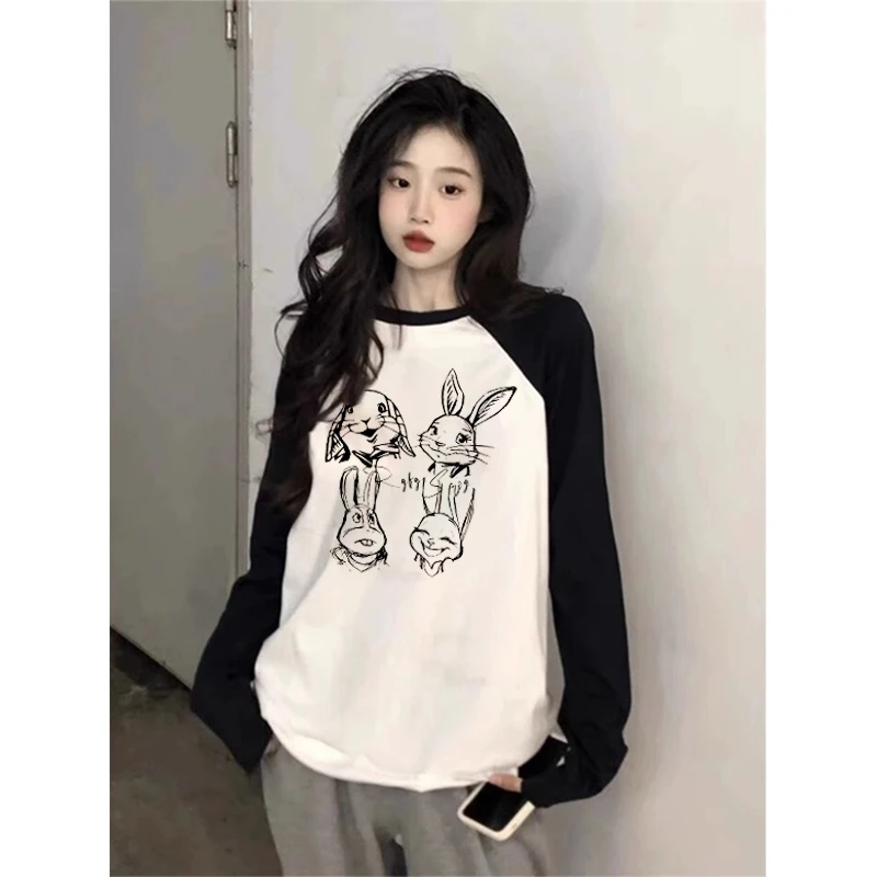 美式撞色插肩袖T恤女内搭打底衫春秋2025新款宽松长袖圆领上衣ins