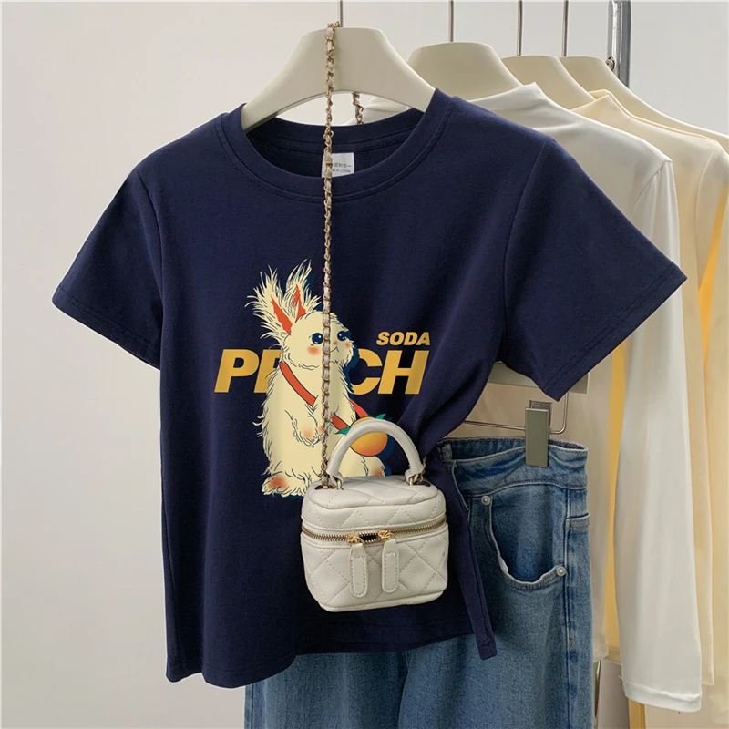 国潮兔子正肩短袖t恤女2024夏季新款爆款显瘦圆领上衣小衫ins潮