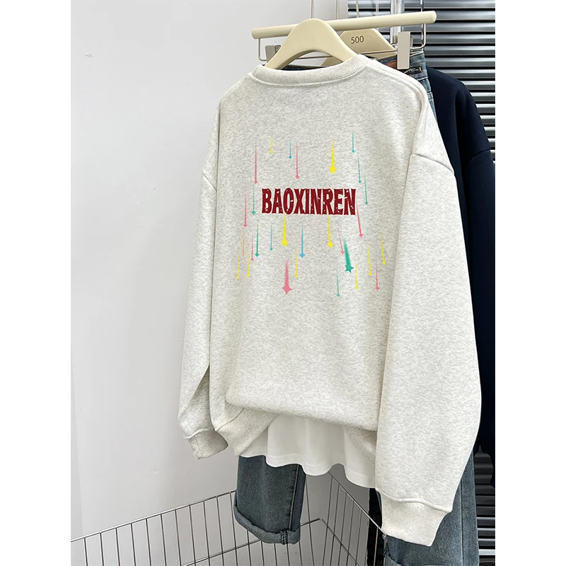 美式高街无帽卫衣男女冬季潮牌流星字母印花宽松情侣装圆领上衣潮