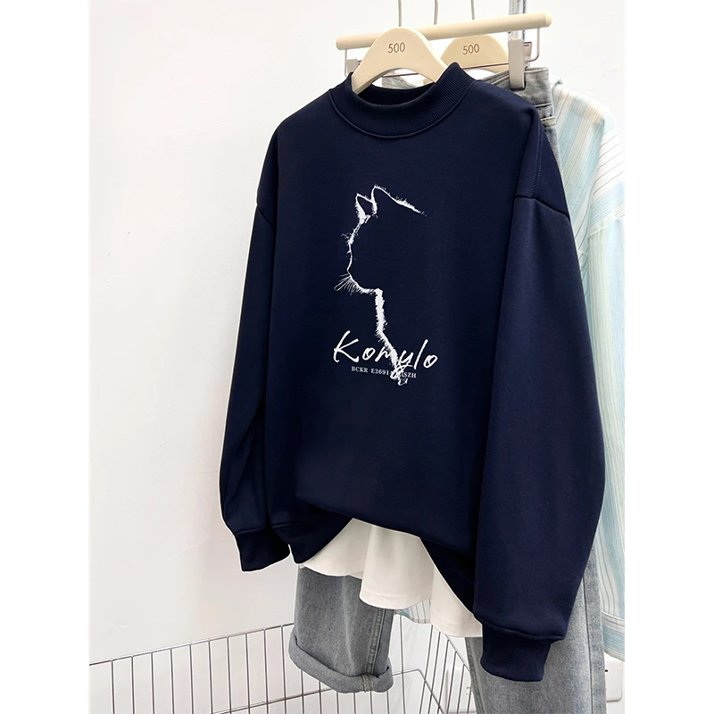 秋冬半高领加绒加厚卫衣女装韩系猫咪印花宽松时尚百搭套头上衣服