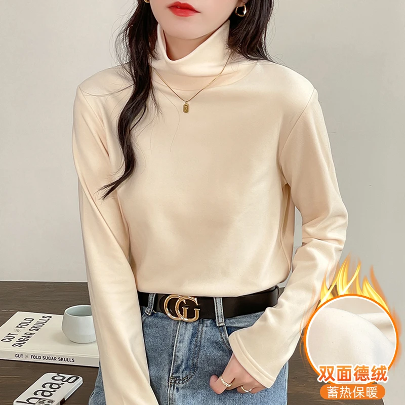 双面德绒高领正肩打底衫女秋冬韩版修身百搭纯色内搭保暖长袖上衣