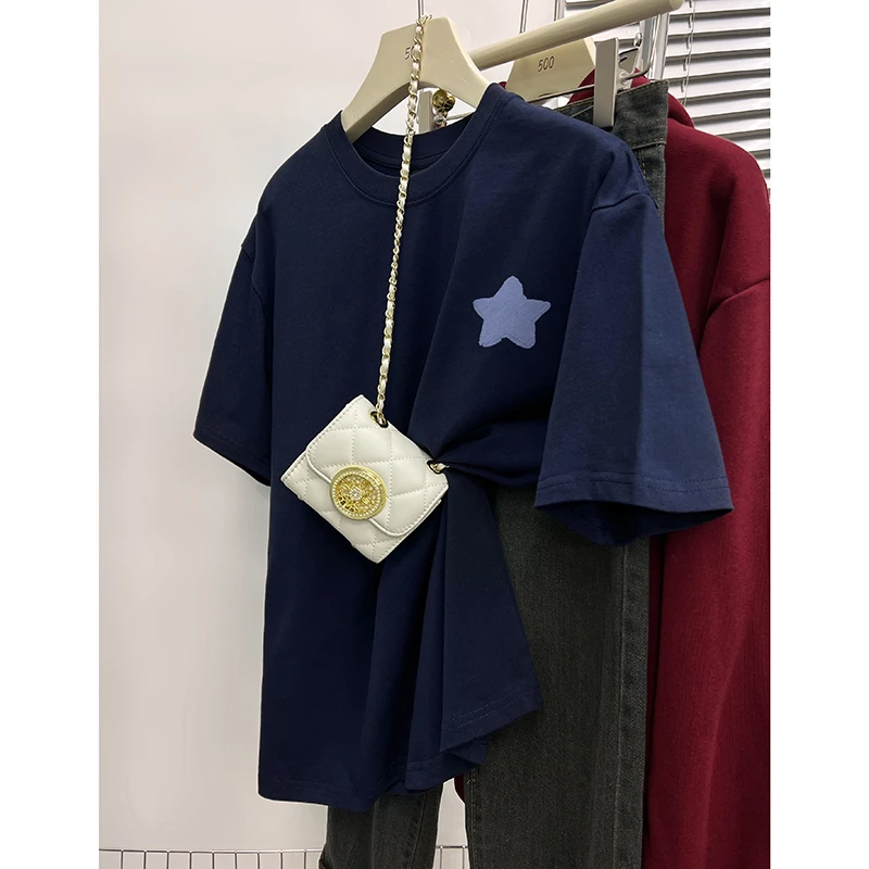 蓝色纯棉短袖t恤女中长款2024春夏新款男女同款宽松显瘦圆领上衣