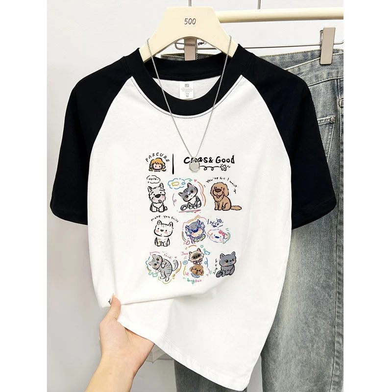 纯棉T恤插肩短袖女款夏季新款2025洋气独特上衣撞色拼接半袖上衣