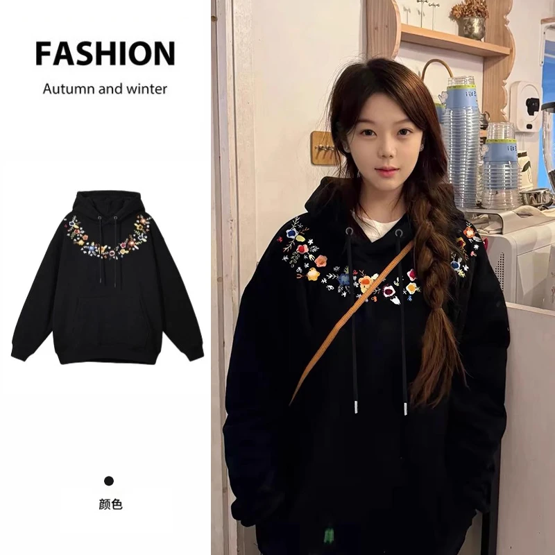 黑色加绒加厚连帽卫衣女秋冬2024新款宽松中款长oversize保暖上衣