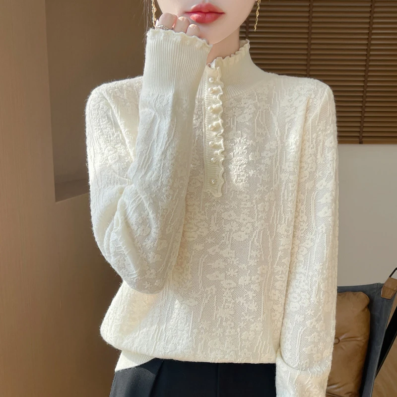 2025春秋新款小香风气质蕾丝木耳边半高领打底衫女超洋气毛衣内搭