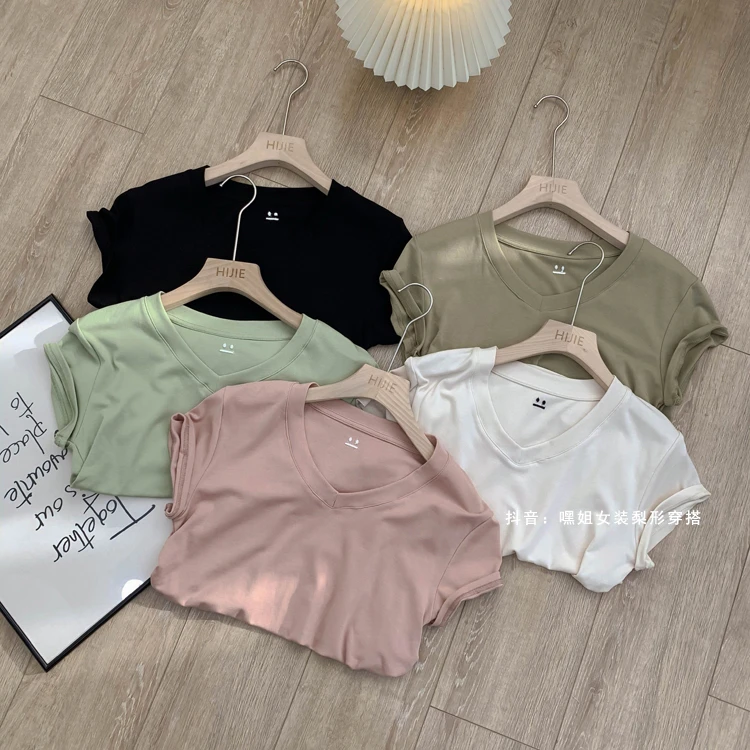 【反季】V领高级感不规则正肩显瘦短袖T恤女夏季纯色休闲简约上衣