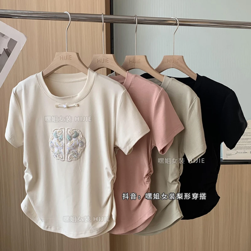 【随风】新国风感盘扣别致小衫刺绣T恤女半袖夏季圆领宽松百搭上衣