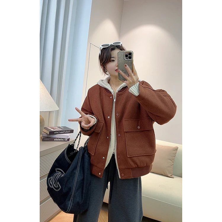 【北海道】韩系休闲夹棉棒球服外套女秋冬新款加厚毛呢外套24142