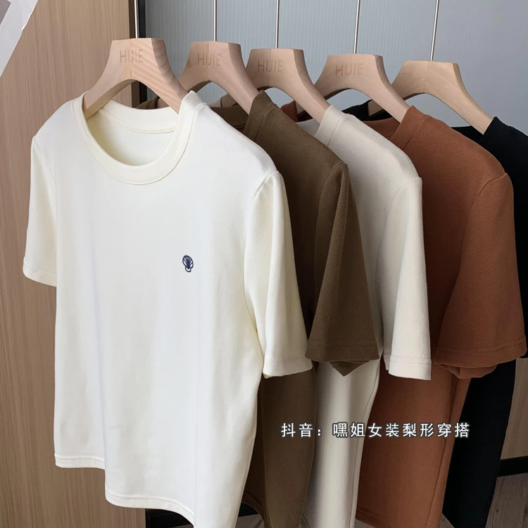 小灯泡】韩版纯色圆领刺绣图案时尚T恤女夏季简约百搭宽松显瘦上衣