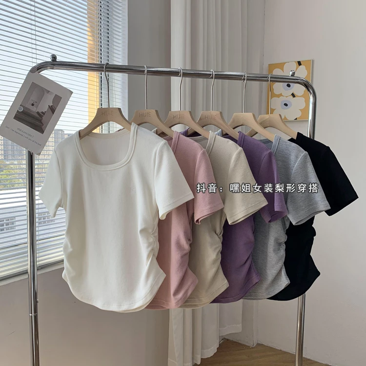 【奶酪】夏季U领刺绣短袖T恤女压褶收腰显瘦遮肚子百搭设计感上衣