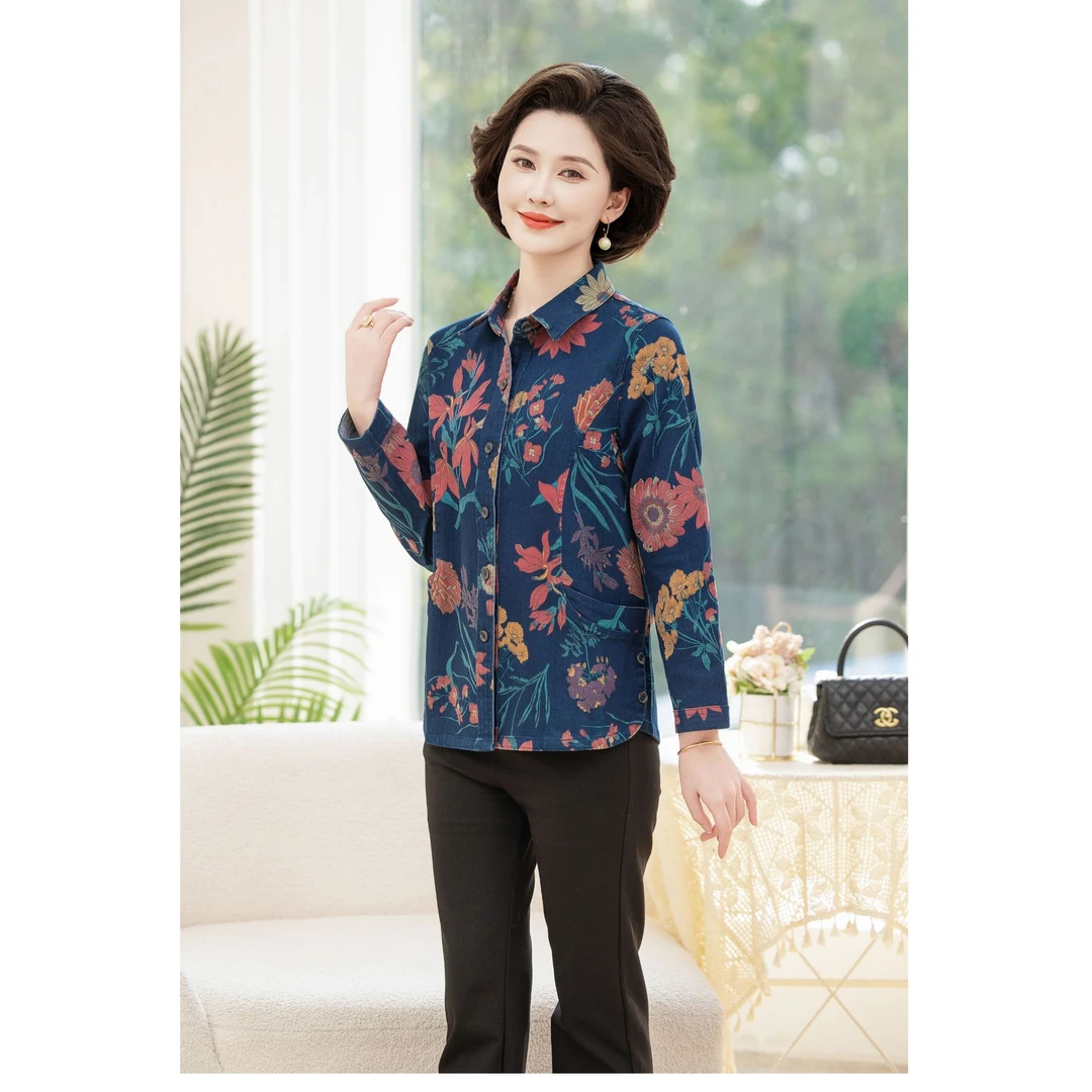 妍菲依依中老年春秋女装新款牛仔衬衣翻领舒适长袖衬衣印花妈妈装