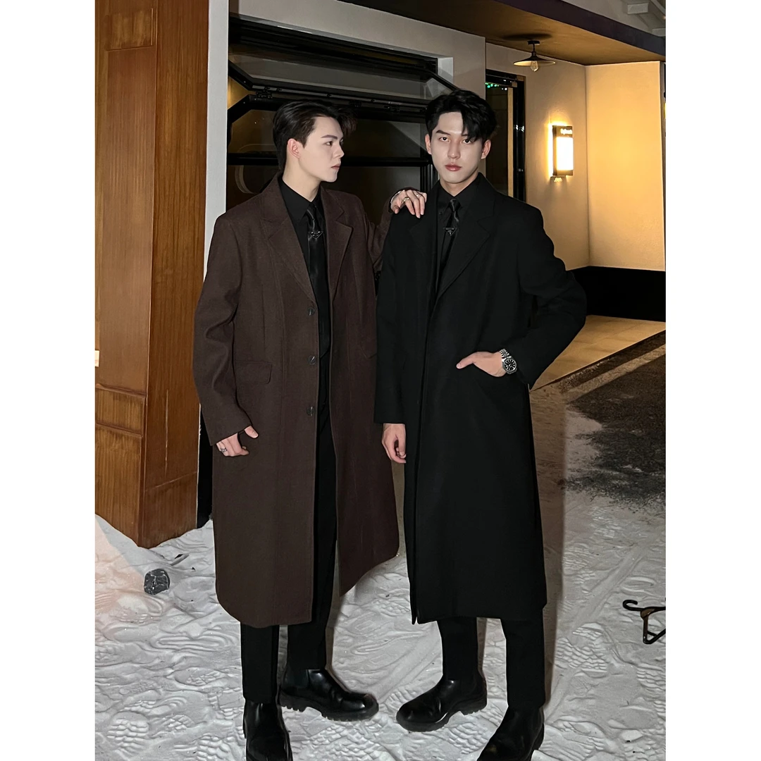 【KRUN】秋冬季中长款过膝毛呢大衣外套风衣韩版高级感设计潮流男装