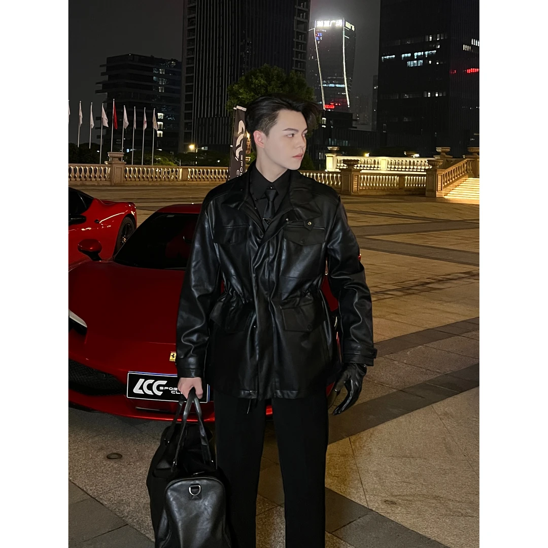 【618】秋季新款复古英伦痞帅大口袋皮衣立领猎装夹克-皮猎装6810