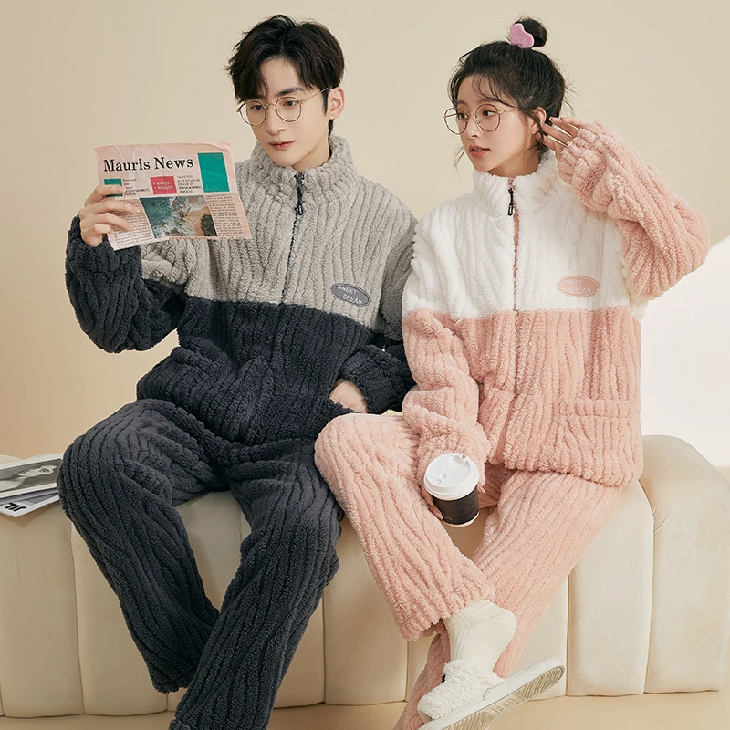 情侣睡衣珊瑚绒女秋冬季加绒加厚加绒可外穿法兰绒男士家居服套装