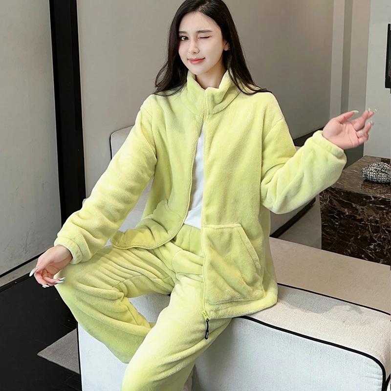 睡衣女冬季毛绒款珊瑚绒加绒加厚法兰绒网红风大码外穿家居服套装