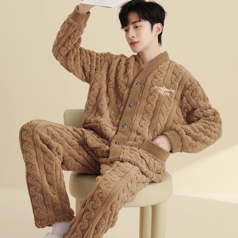 睡衣男士秋冬季珊瑚绒加绒加厚大码青少年中年冬款保暖家居服套装